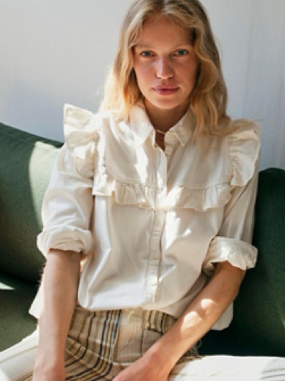 Free People Samantha Ivory Ruffle-Front Button down shirt